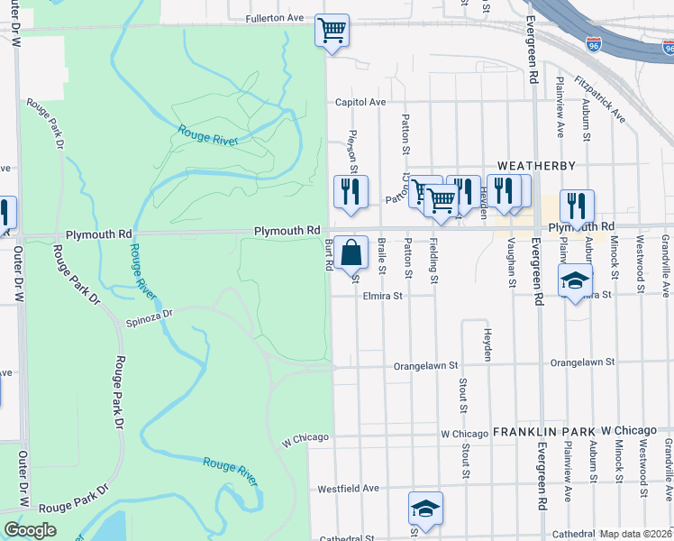 map of restaurants, bars, coffee shops, grocery stores, and more near 11369 Pierson Street in Detroit