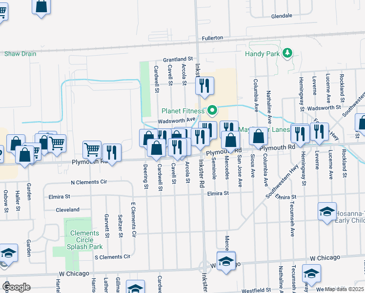 map of restaurants, bars, coffee shops, grocery stores, and more near 11634 Arcola Street in Livonia