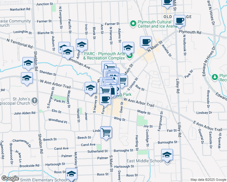 map of restaurants, bars, coffee shops, grocery stores, and more near 318 South Main Street in Plymouth