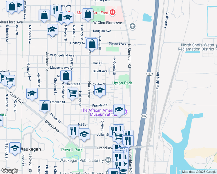map of restaurants, bars, coffee shops, grocery stores, and more near 718 North County Street in Waukegan