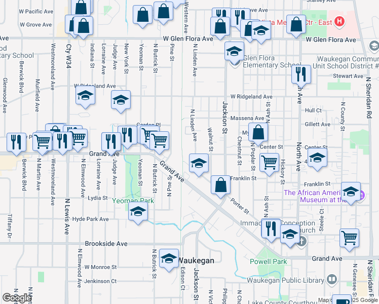 map of restaurants, bars, coffee shops, grocery stores, and more near 713 Pine Street in Waukegan