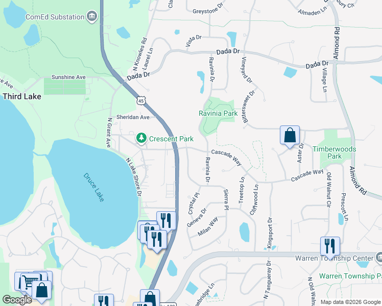 map of restaurants, bars, coffee shops, grocery stores, and more near 7793 Cascade Way in Gurnee