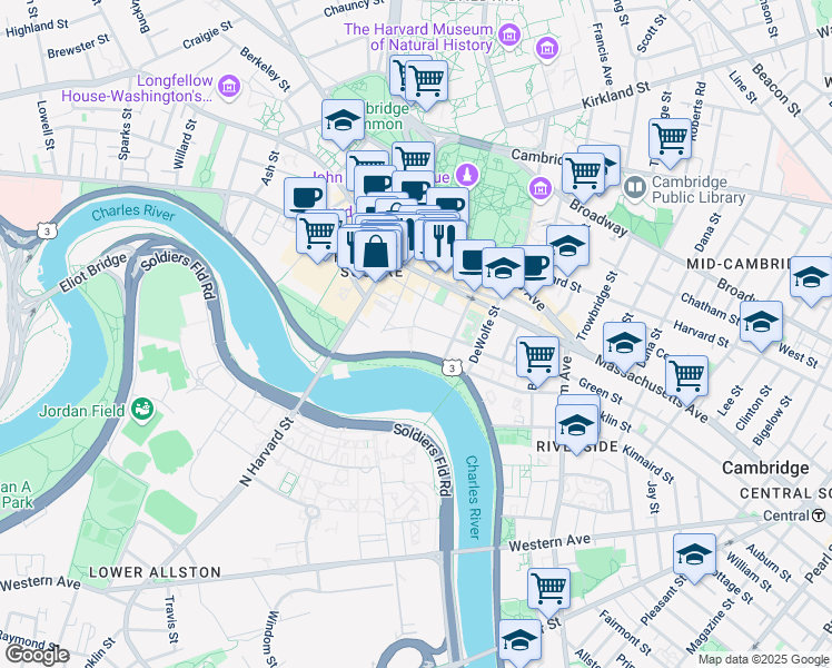 map of restaurants, bars, coffee shops, grocery stores, and more near 30 Mill St in Cambridge