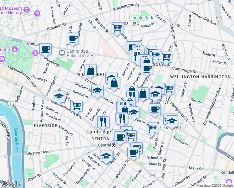 map of restaurants, bars, coffee shops, grocery stores, and more near 345 Broadway in Cambridge