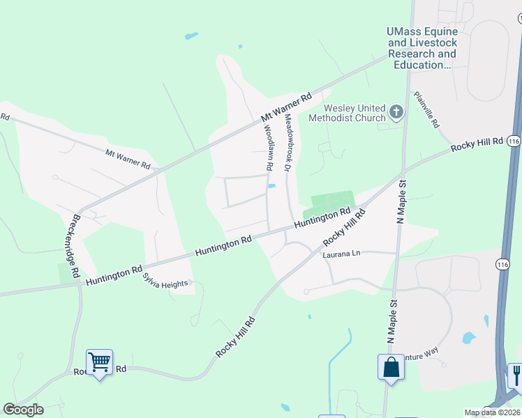 map of restaurants, bars, coffee shops, grocery stores, and more near 6 Woodlawn Road in Hadley