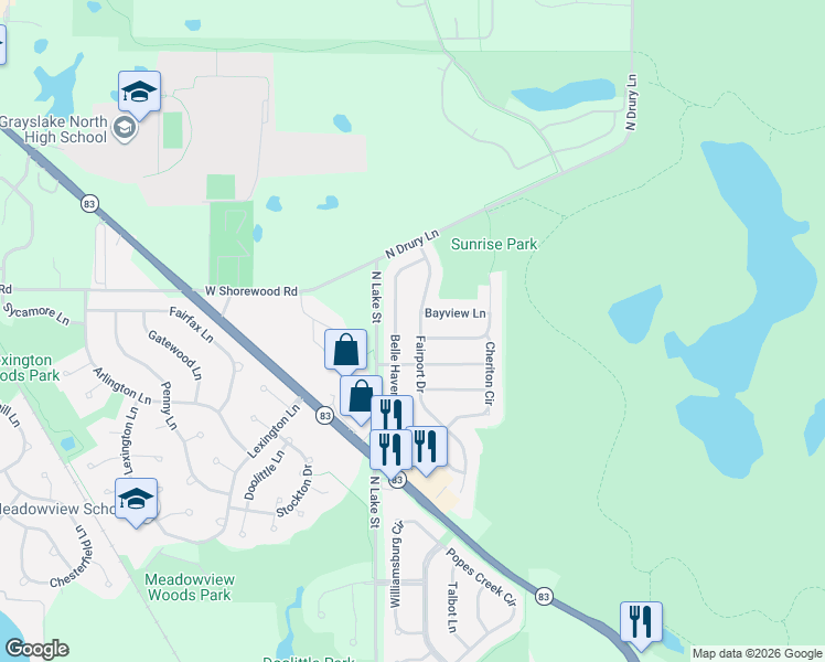 map of restaurants, bars, coffee shops, grocery stores, and more near 1669 Fairport Drive in Grayslake