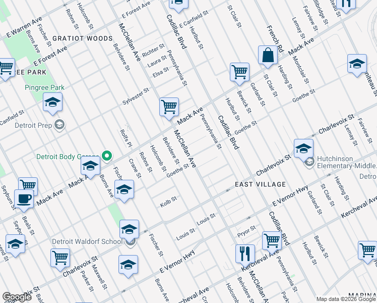 map of restaurants, bars, coffee shops, grocery stores, and more near 3479 McClellan Avenue in Detroit