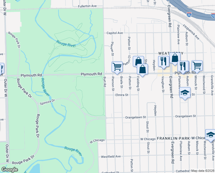 map of restaurants, bars, coffee shops, grocery stores, and more near 11369 Pierson Street in Detroit
