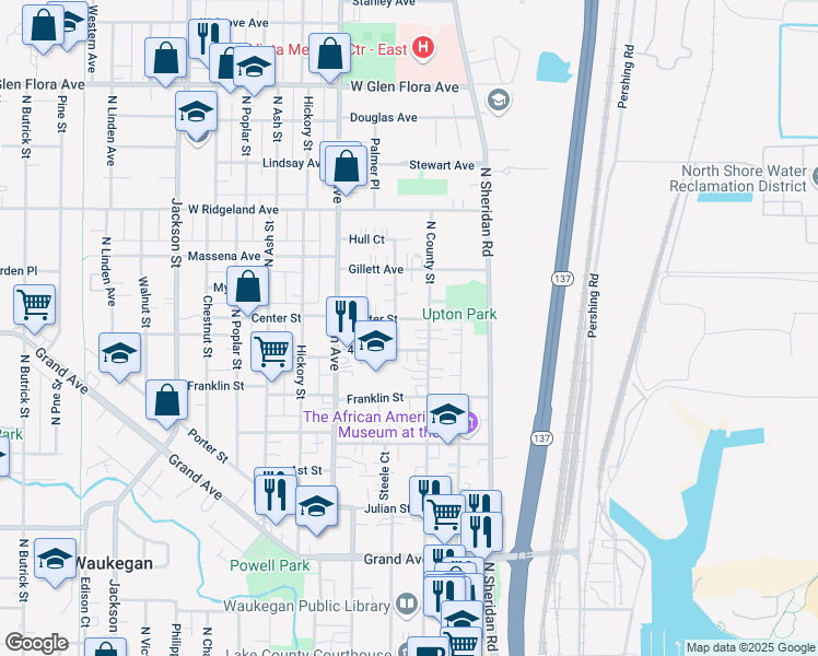 map of restaurants, bars, coffee shops, grocery stores, and more near 718 North County Street in Waukegan