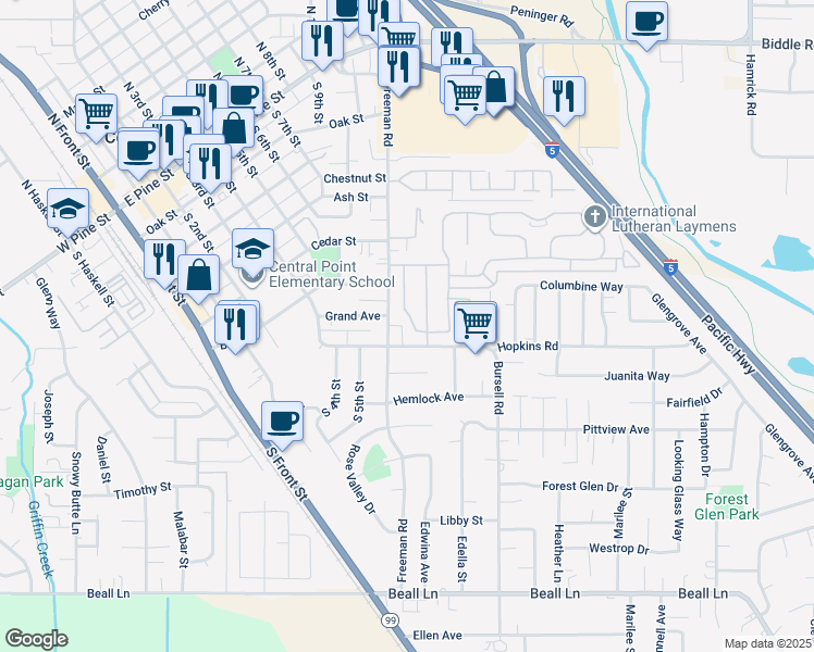 map of restaurants, bars, coffee shops, grocery stores, and more near 627 Valley Heart Lane in Central Point