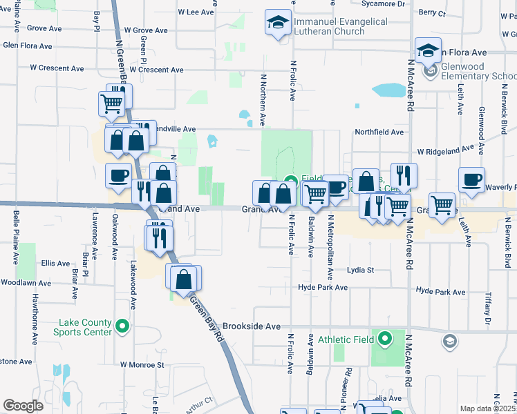 map of restaurants, bars, coffee shops, grocery stores, and more near 3008 Grand Avenue in Waukegan