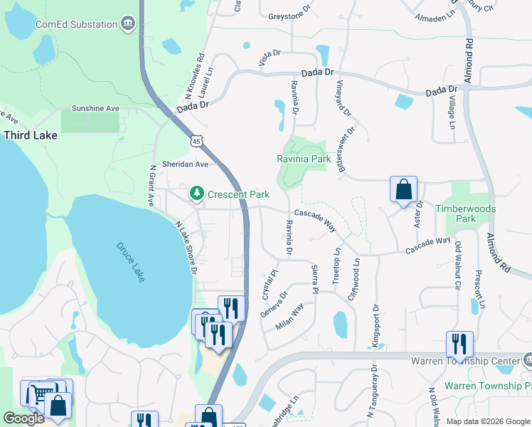 map of restaurants, bars, coffee shops, grocery stores, and more near 7793 Cascade Way in Gurnee