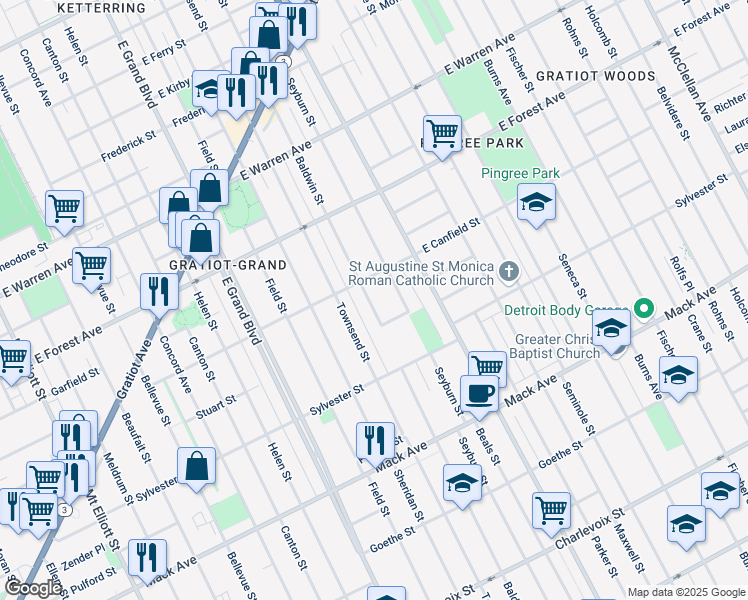 map of restaurants, bars, coffee shops, grocery stores, and more near 4064 Baldwin Street in Detroit