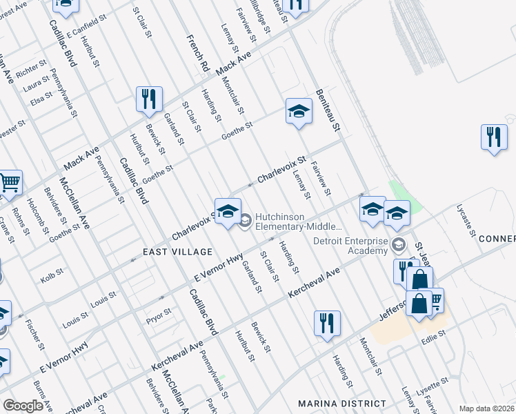 map of restaurants, bars, coffee shops, grocery stores, and more near 2613 Harding Street in Detroit