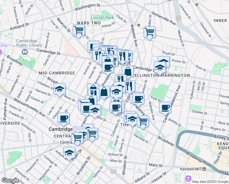 map of restaurants, bars, coffee shops, grocery stores, and more near 253 Norfolk Street in Cambridge