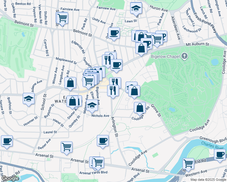 map of restaurants, bars, coffee shops, grocery stores, and more near 227 Arlington Street in Watertown