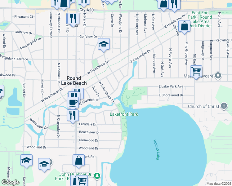 map of restaurants, bars, coffee shops, grocery stores, and more near 33 North Channel Drive in Round Lake Beach