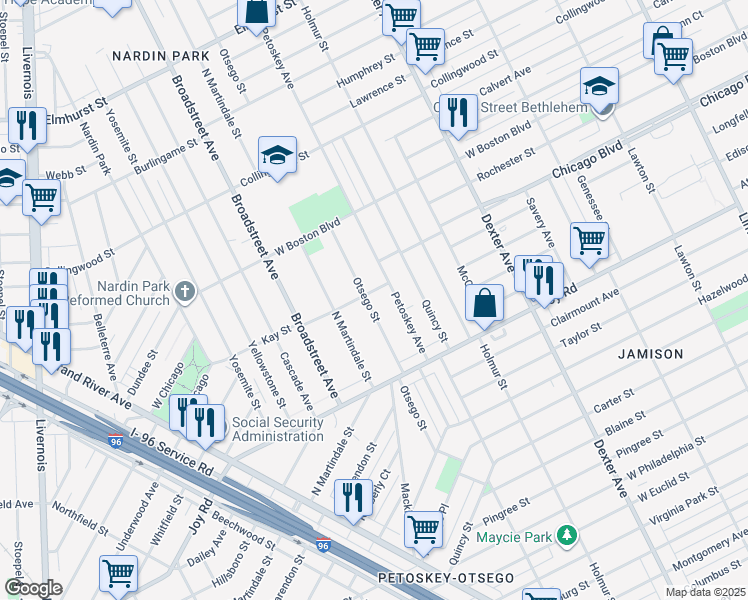 map of restaurants, bars, coffee shops, grocery stores, and more near 9375 Petoskey Avenue in Detroit