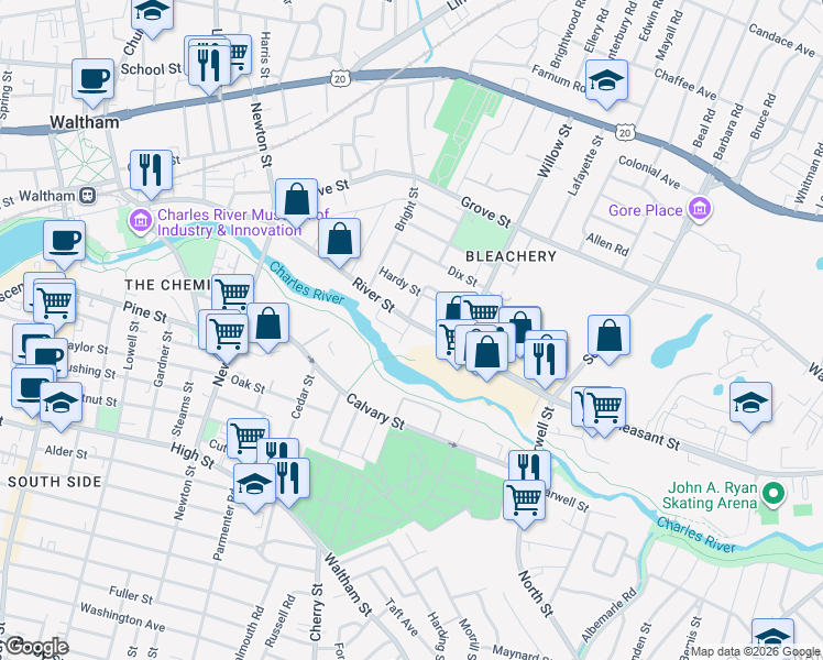 map of restaurants, bars, coffee shops, grocery stores, and more near 176 River Street in Waltham