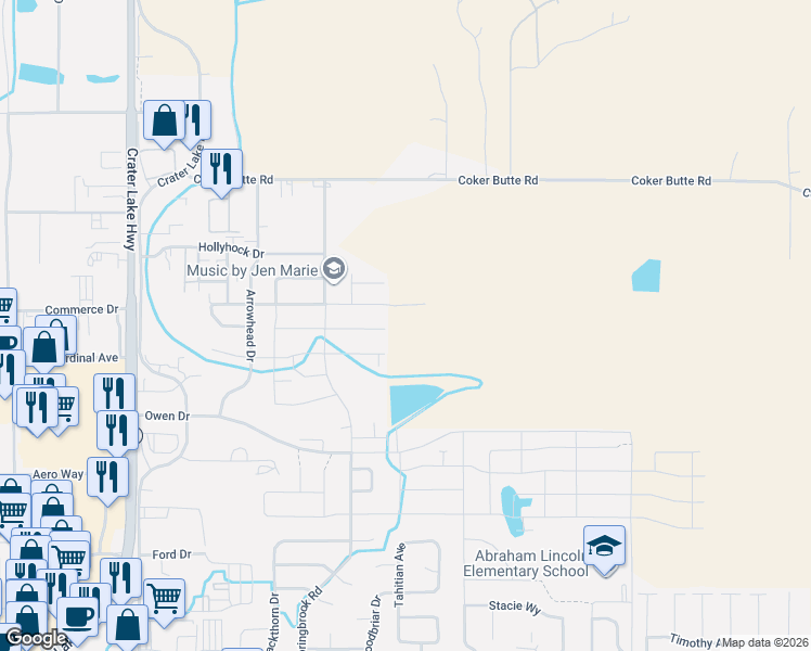 map of restaurants, bars, coffee shops, grocery stores, and more near 2004 Hondeleau Lane in Medford