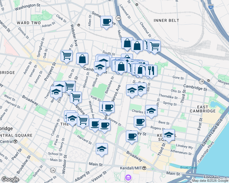 map of restaurants, bars, coffee shops, grocery stores, and more near 1 Marney Street in Cambridge