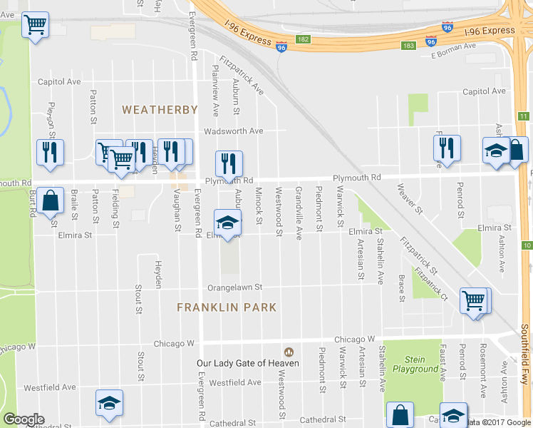 map of restaurants, bars, coffee shops, grocery stores, and more near 11360 Minock Street in Detroit