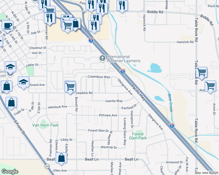 map of restaurants, bars, coffee shops, grocery stores, and more near 561 Brittni Lane in Central Point