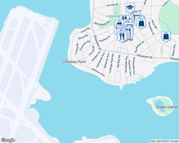 map of restaurants, bars, coffee shops, grocery stores, and more near 80 Johnson Avenue in Winthrop