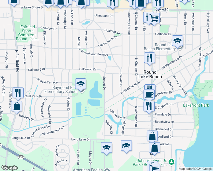 map of restaurants, bars, coffee shops, grocery stores, and more near 1209 Sunset Drive in Round Lake Beach