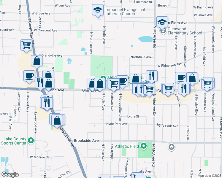 map of restaurants, bars, coffee shops, grocery stores, and more near 2818 Grand Avenue in Waukegan
