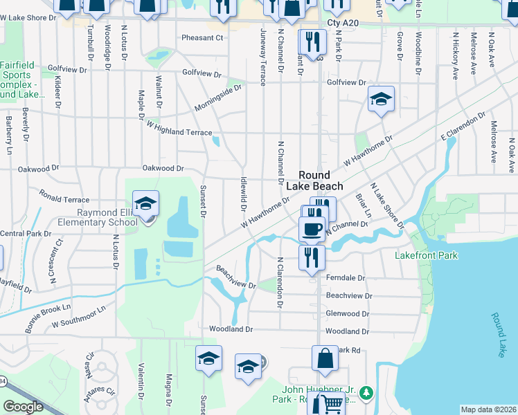 map of restaurants, bars, coffee shops, grocery stores, and more near 1212 Juneway Terrace in Round Lake Beach
