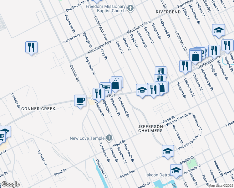 map of restaurants, bars, coffee shops, grocery stores, and more near 12815 East Jefferson Avenue in Detroit
