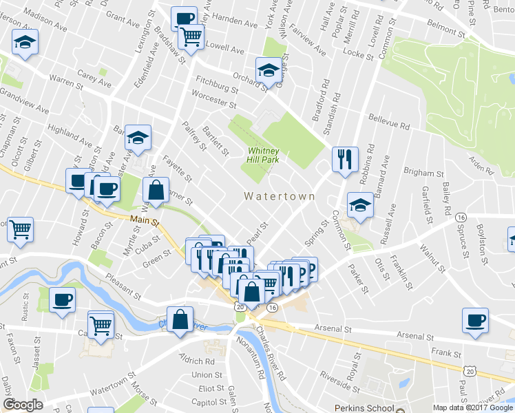 map of restaurants, bars, coffee shops, grocery stores, and more near 142 Palfrey Street in Watertown