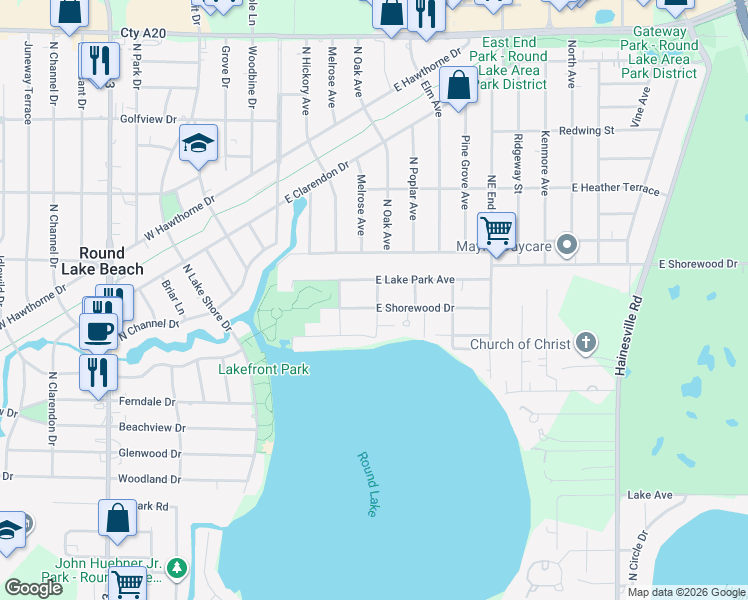 map of restaurants, bars, coffee shops, grocery stores, and more near 172 E Shorewood Dr in Round Lake Beach
