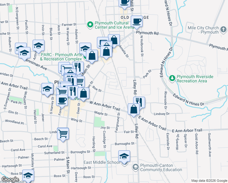 map of restaurants, bars, coffee shops, grocery stores, and more near 336 Roe Street in Plymouth