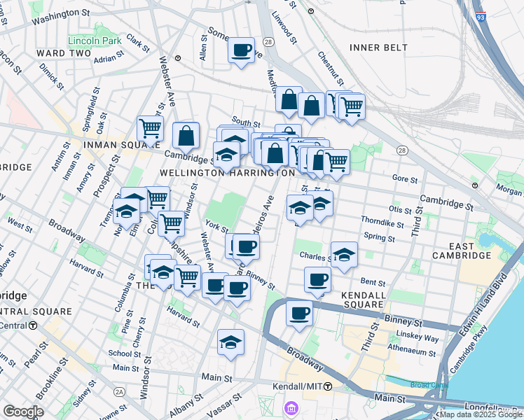 map of restaurants, bars, coffee shops, grocery stores, and more near 1 Marney Street in Cambridge