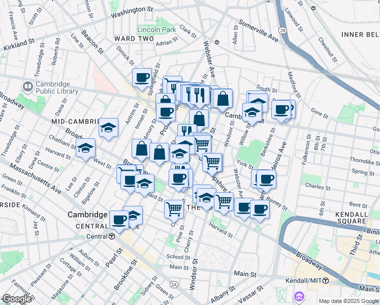 map of restaurants, bars, coffee shops, grocery stores, and more near 132 Hampshire Street in Cambridge