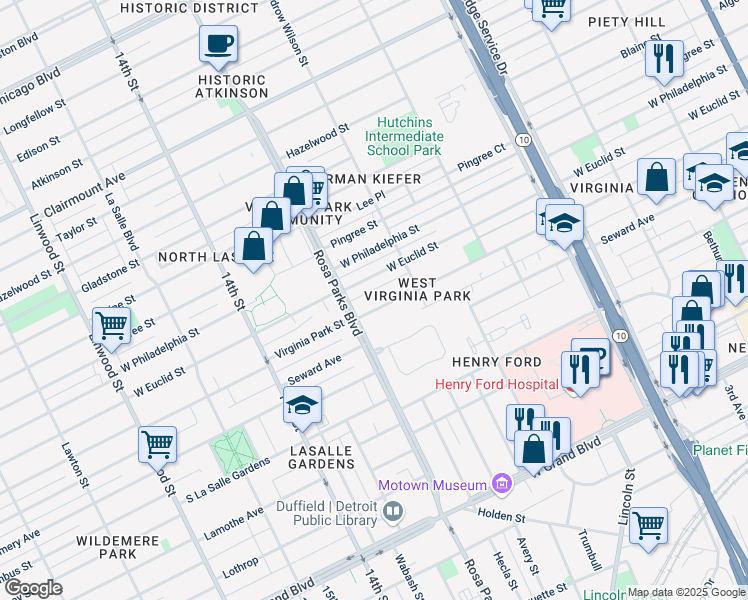 map of restaurants, bars, coffee shops, grocery stores, and more near 1700 Virginia Park Street in Detroit