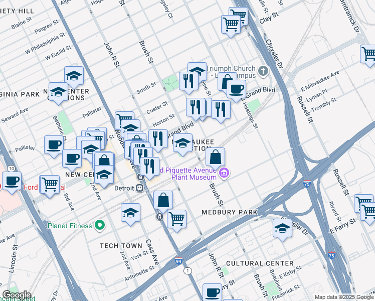 map of restaurants, bars, coffee shops, grocery stores, and more near in Detroit