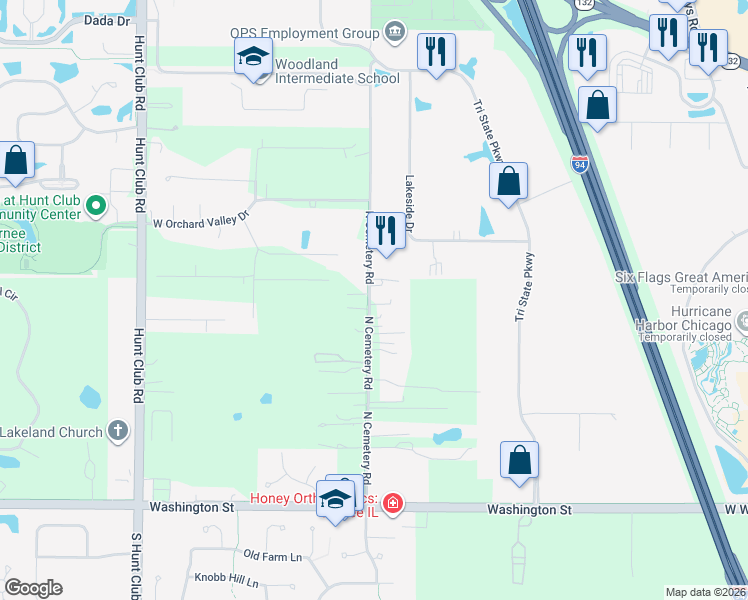 map of restaurants, bars, coffee shops, grocery stores, and more near 34970 North Cemetery Road in Gurnee
