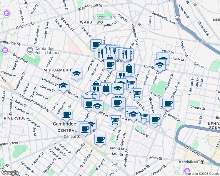 map of restaurants, bars, coffee shops, grocery stores, and more near 28 Tremont Street in Cambridge