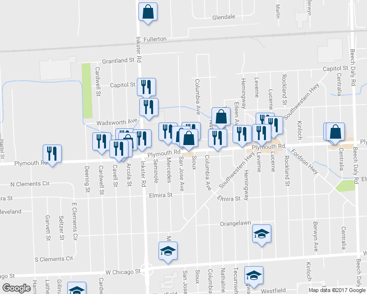 map of restaurants, bars, coffee shops, grocery stores, and more near 27076 Plymouth Road in Redford Charter Township