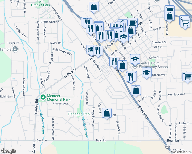 map of restaurants, bars, coffee shops, grocery stores, and more near 171 Casey Way in Central Point