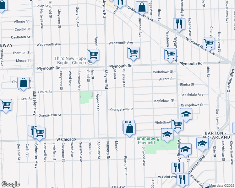 map of restaurants, bars, coffee shops, grocery stores, and more near 10011 Pinehurst Street in Detroit