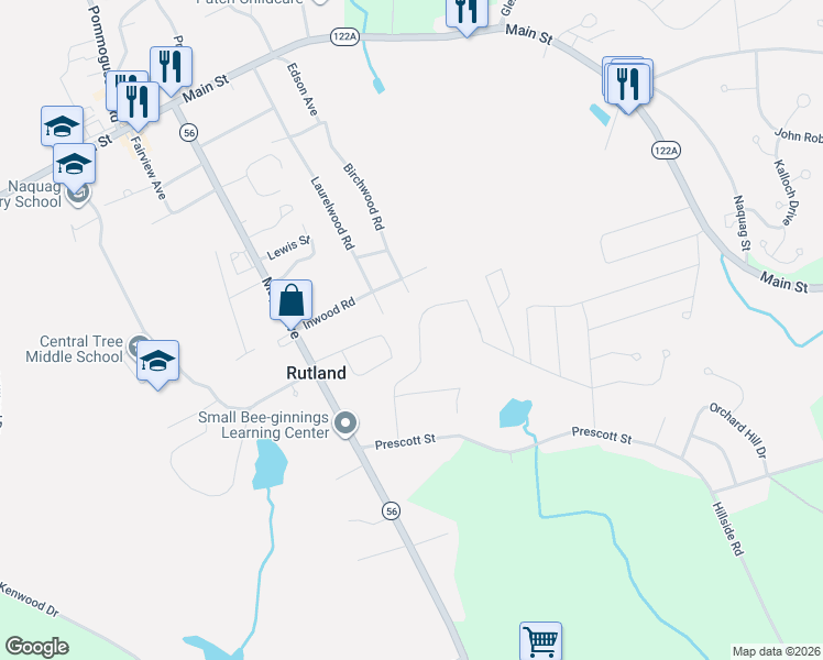 map of restaurants, bars, coffee shops, grocery stores, and more near 25 Cheryl Ann Drive in Rutland