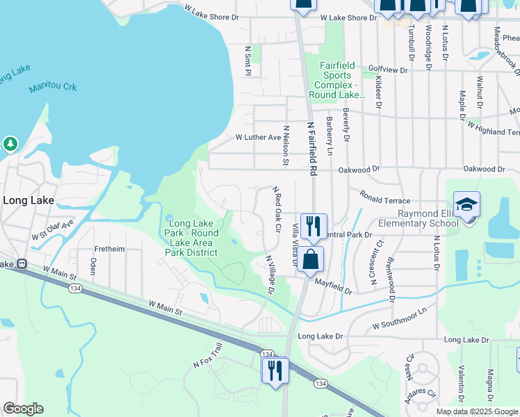 map of restaurants, bars, coffee shops, grocery stores, and more near 1324 North Red Oak Circle in Round Lake Beach