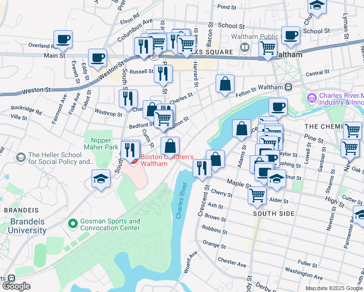 map of restaurants, bars, coffee shops, grocery stores, and more near 50 Sun Street in Waltham
