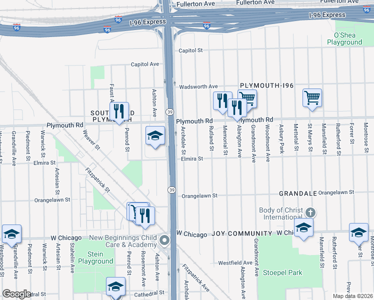 map of restaurants, bars, coffee shops, grocery stores, and more near 11334 Archdale Street in Detroit