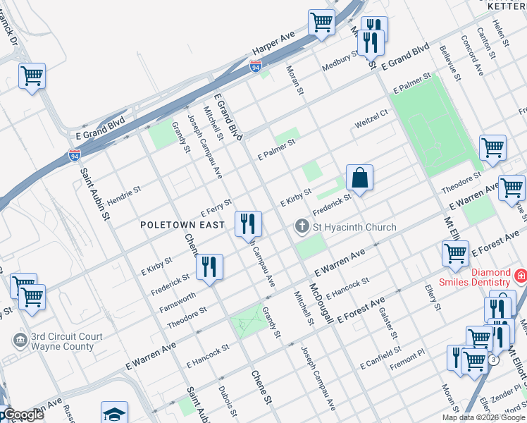 map of restaurants, bars, coffee shops, grocery stores, and more near 5402 Mitchell Street in Detroit