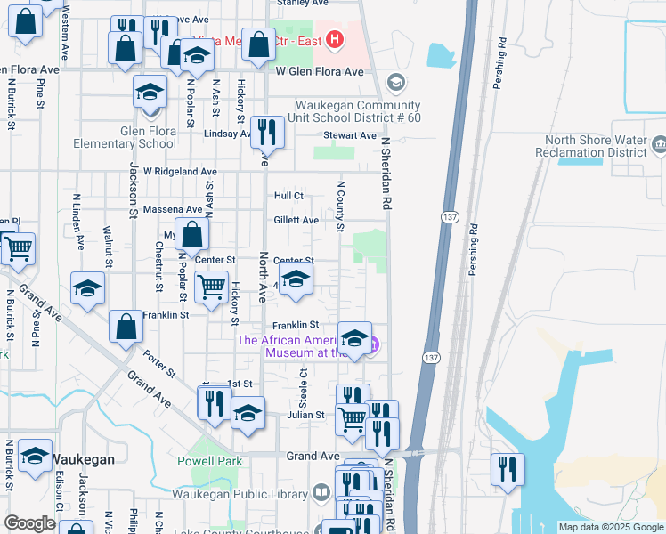 map of restaurants, bars, coffee shops, grocery stores, and more near 718 North County Street in Waukegan